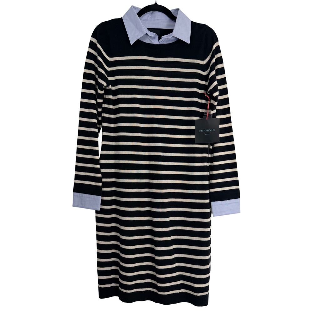 Cynthia Rowley Merino Wool Striped Sweater Dress with‎ Layered Collar Black Blue